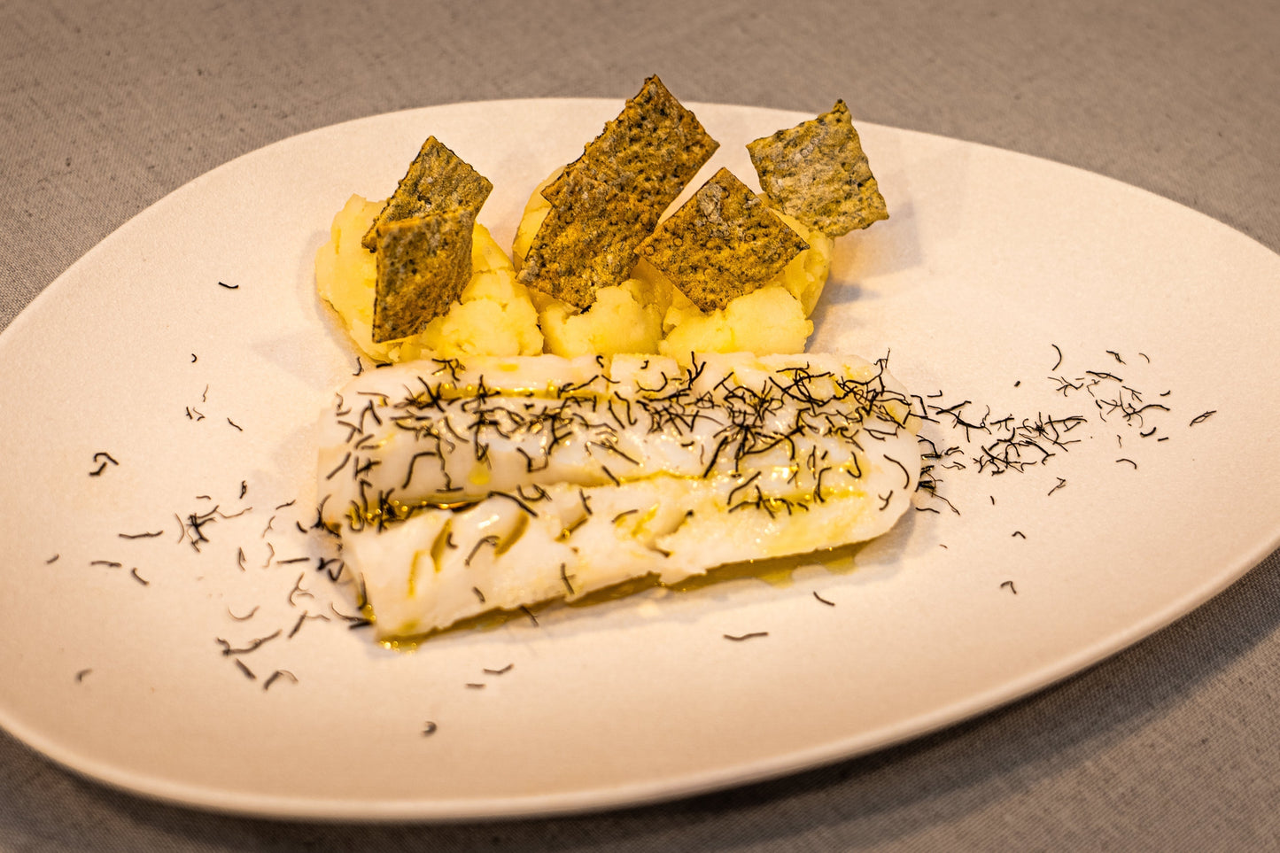 Steamed Cod with Gracilaria Mash & Oriental Surf